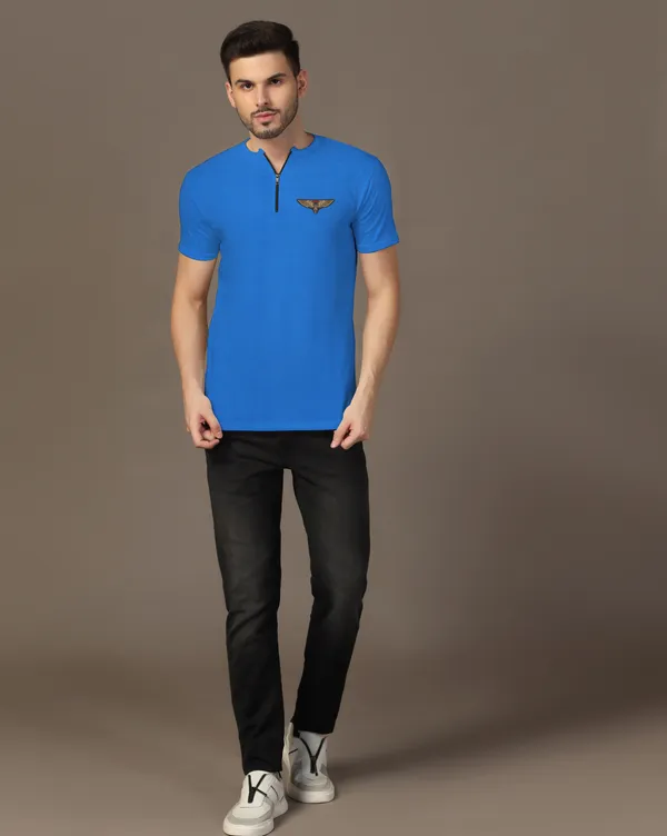 Blue_Cotton_Blend_Mandarin_Collar_Half_Sleeve_T_Shirt_For_Men