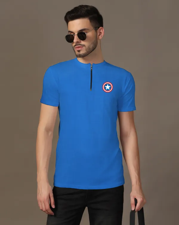 Blue_Cotton_Blend_Mandarin_Collar_Half_Sleeve_T_Shirt_For_Men