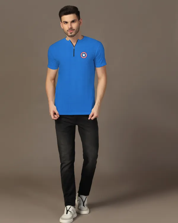 Blue_Cotton_Blend_Mandarin_Collar_Half_Sleeve_T_Shirt_For_Men