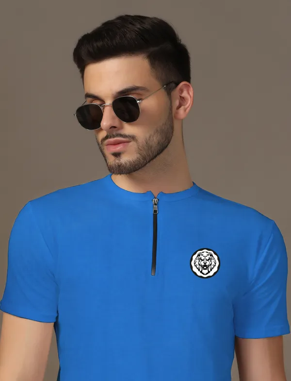 Blue_Cotton_Blend_Mandarin_Collar_Half_Sleeve_T_Shirt_For_Men