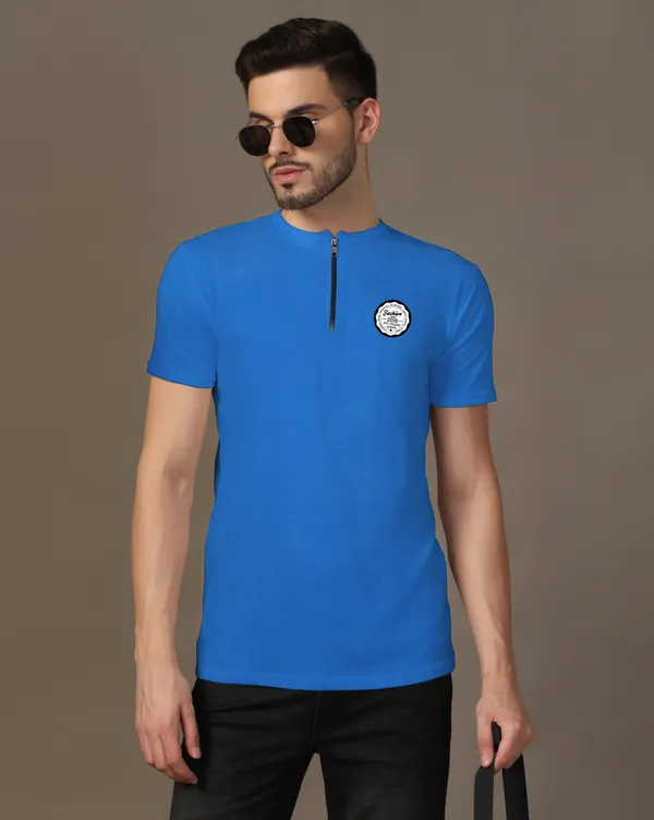 Blue_Cotton_Blend_Mandarin_Collar_Half_Sleeve_T_Shirt_For_Men