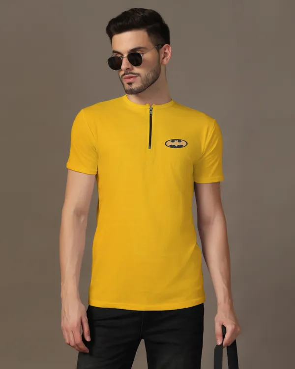 Yellow_Cotton_Blend_Mandarin_Collar_Half_Sleeve_T_Shirt_For_Men