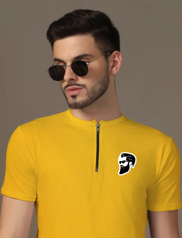Yellow_Cotton_Blend_Mandarin_Collar_Half_Sleeve_T_Shirt_For_Men