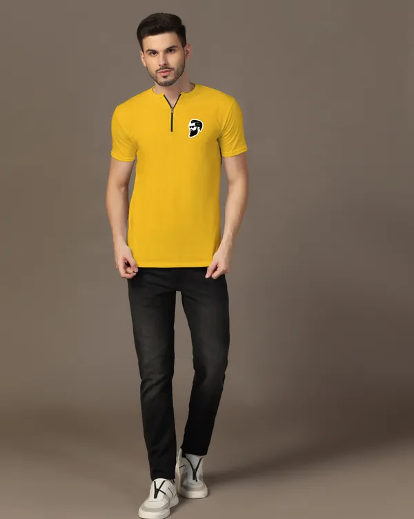 Yellow_Cotton_Blend_Mandarin_Collar_Half_Sleeve_T_Shirt_For_Men
