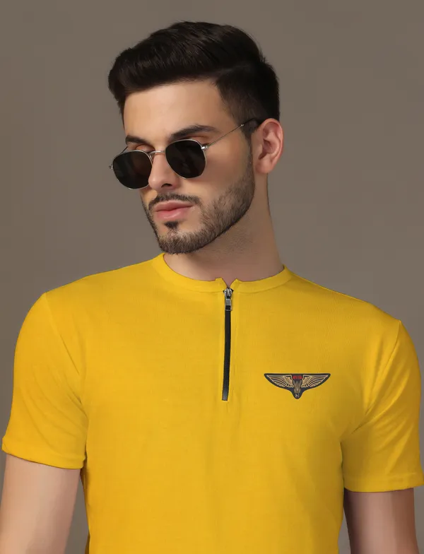 Yellow_Cotton_Blend_Mandarin_Collar_Half_Sleeve_T_Shirt_For_Men