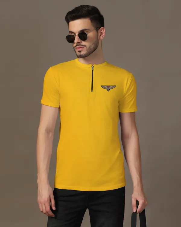 Yellow_Cotton_Blend_Mandarin_Collar_Half_Sleeve_T_Shirt_For_Men