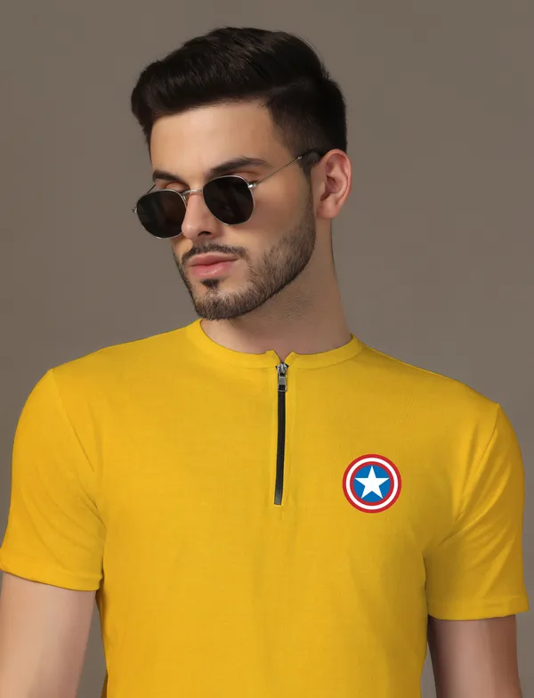 Yellow_Cotton_Blend_Mandarin_Collar_Half_Sleeve_T_Shirt_For_Men
