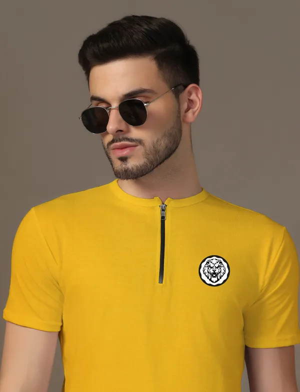 Yellow_Cotton_Blend_Mandarin_Collar_Half_Sleeve_T_Shirt_For_Men