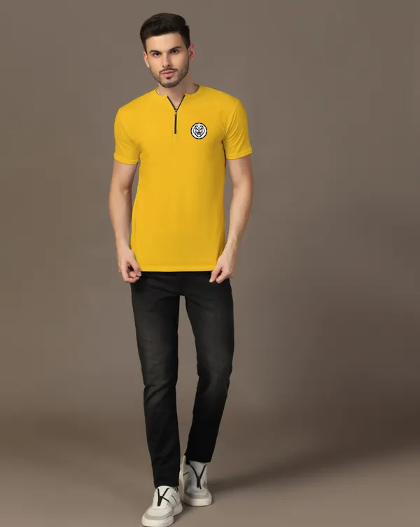 Yellow_Cotton_Blend_Mandarin_Collar_Half_Sleeve_T_Shirt_For_Men