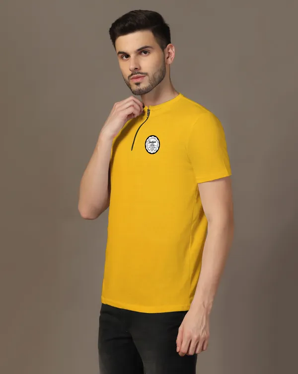 Yellow_Cotton_Blend_Mandarin_Collar_Half_Sleeve_T_Shirt_For_Men