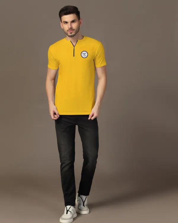 Yellow_Cotton_Blend_Mandarin_Collar_Half_Sleeve_T_Shirt_For_Men