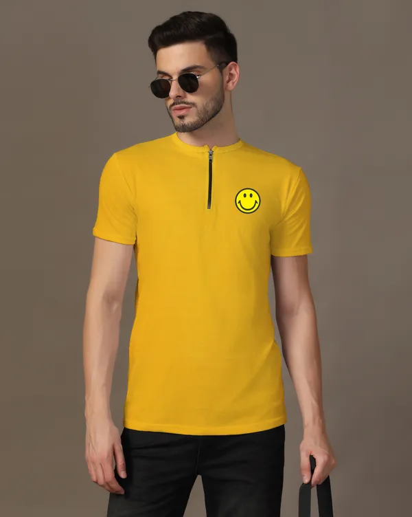 Yellow_Cotton_Blend_Mandarin_Collar_Half_Sleeve_T_Shirt_For_Men