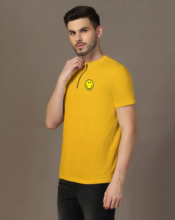 Yellow_Cotton_Blend_Mandarin_Collar_Half_Sleeve_T_Shirt_For_Men