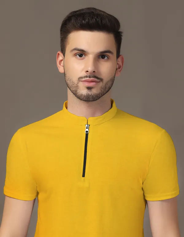 Yellow_Cotton_Blend_Mandarin_Collar_Half_Sleeve_T_Shirt_For_Men