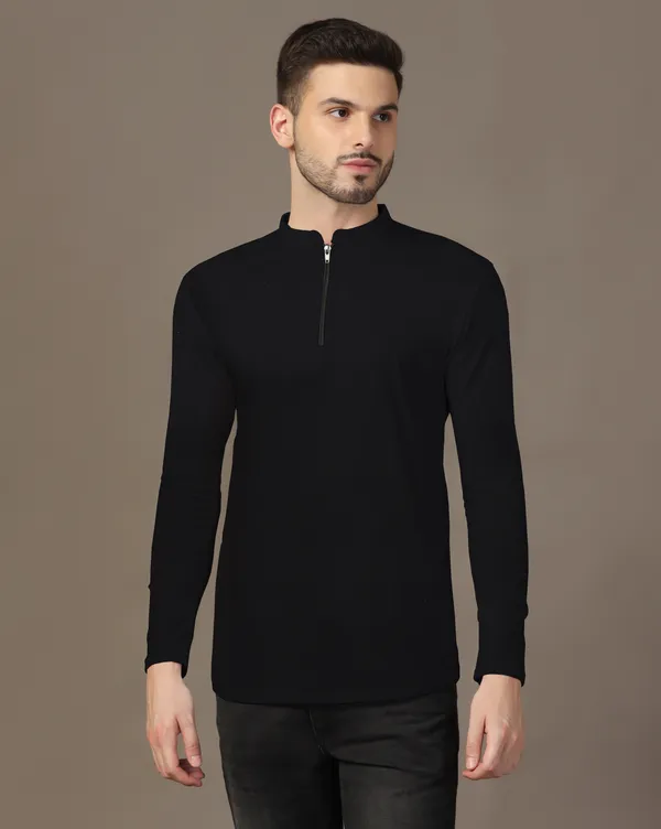 Black_Cotton_Blend_Mandarin_Collar_Full_Sleeve_T_Shirt_For_Men