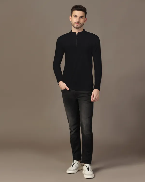 Black_Cotton_Blend_Mandarin_Collar_Full_Sleeve_T_Shirt_For_Men