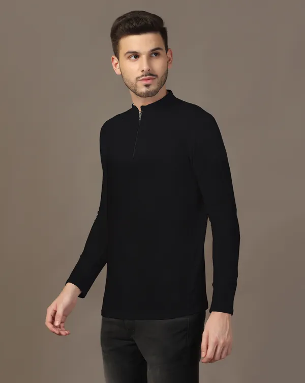 Black_Cotton_Blend_Mandarin_Collar_Full_Sleeve_T_Shirt_For_Men