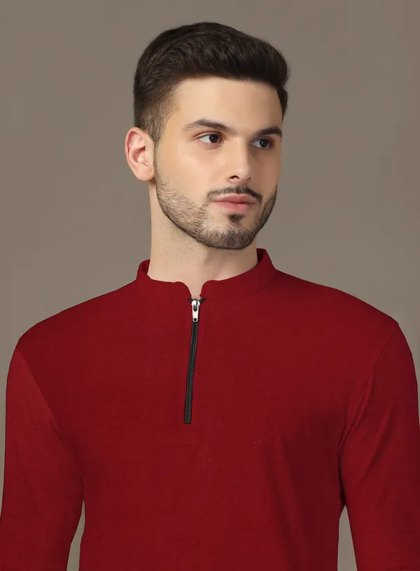 Maroon_Cotton_Blend_Mandarin_Collar_Full_Sleeve_T_Shirt_For_Men