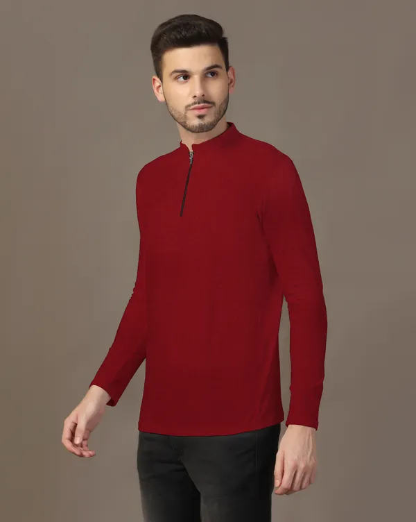 Maroon_Cotton_Blend_Mandarin_Collar_Full_Sleeve_T_Shirt_For_Men