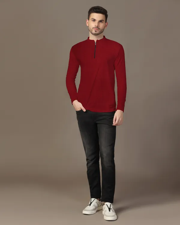 Maroon_Cotton_Blend_Mandarin_Collar_Full_Sleeve_T_Shirt_For_Men