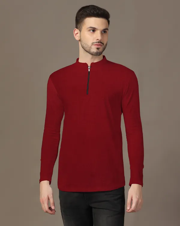 Maroon_Cotton_Blend_Mandarin_Collar_Full_Sleeve_T_Shirt_For_Men