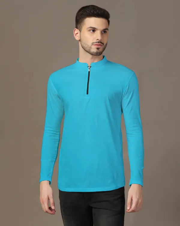 Turquoise_Cotton_Blend_Mandarin_Collar_Full_Sleeve_T_Shirt_For_Men