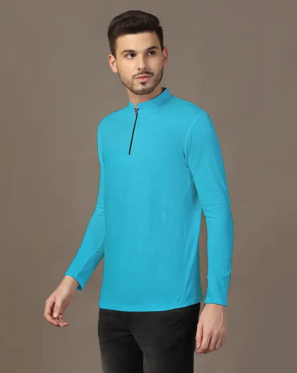 Turquoise_Cotton_Blend_Mandarin_Collar_Full_Sleeve_T_Shirt_For_Men