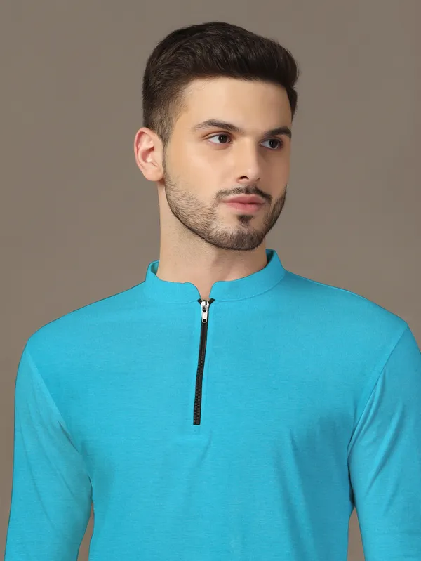 Turquoise_Cotton_Blend_Mandarin_Collar_Full_Sleeve_T_Shirt_For_Men