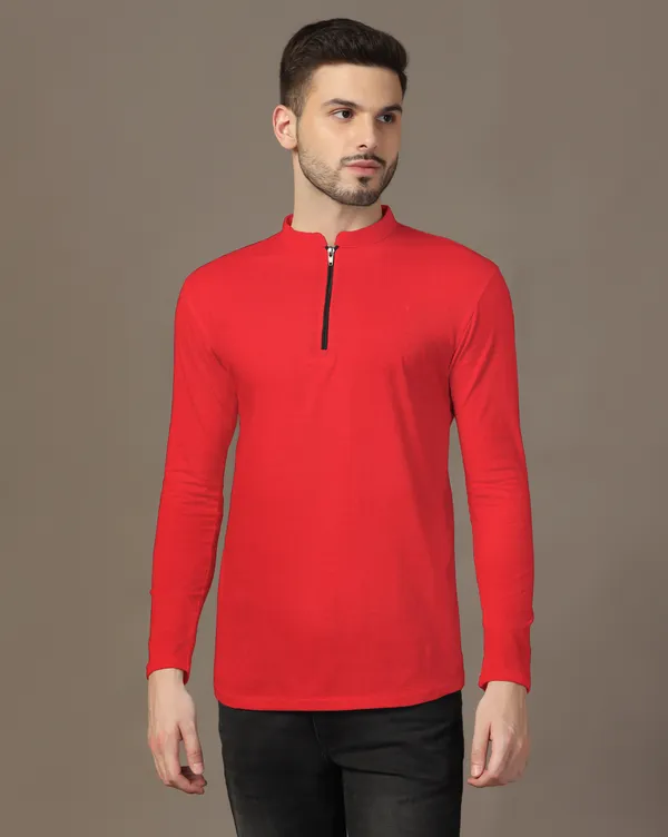 Red_Cotton_Blend_Mandarin_Collar_Full_Sleeve_T_Shirt_For_Men