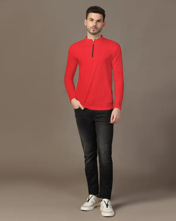 Red_Cotton_Blend_Mandarin_Collar_Full_Sleeve_T_Shirt_For_Men