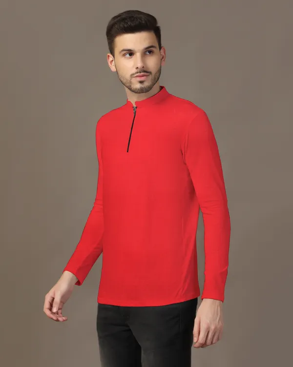 Red_Cotton_Blend_Mandarin_Collar_Full_Sleeve_T_Shirt_For_Men