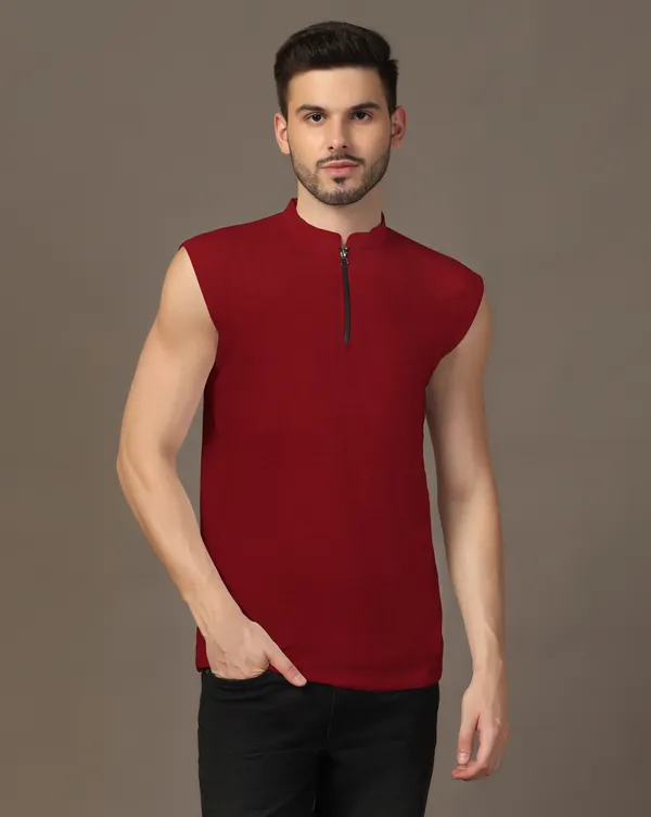 Maroon_Cotton_Blend_Mandarin_Collar_Sleeveless_T_Shirt_For_Men