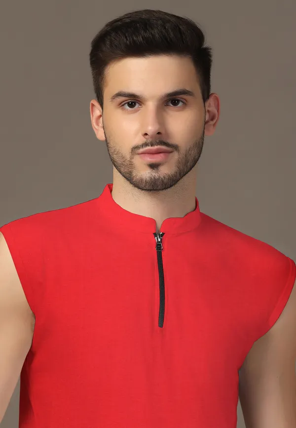 Red_Cotton_Blend_Mandarin_Collar_Sleeveless_T_Shirt_For_Men