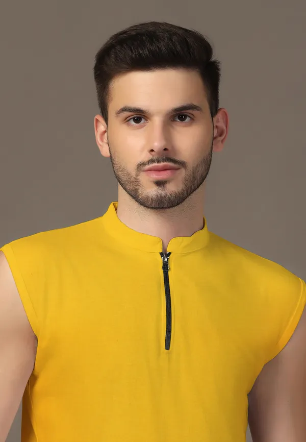Yellow_Cotton_Blend_Mandarin_Collar_Sleeveless_T_Shirt_For_Men