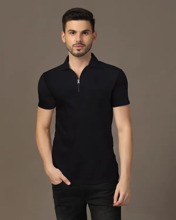 Black_Cotton_Blend_Polo_Neck_Half_Sleeve_T-Shirt_For_Men