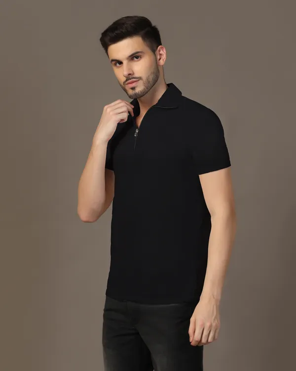 Black_Cotton_Blend_Polo_Neck_Half_Sleeve_T-Shirt_For_Men