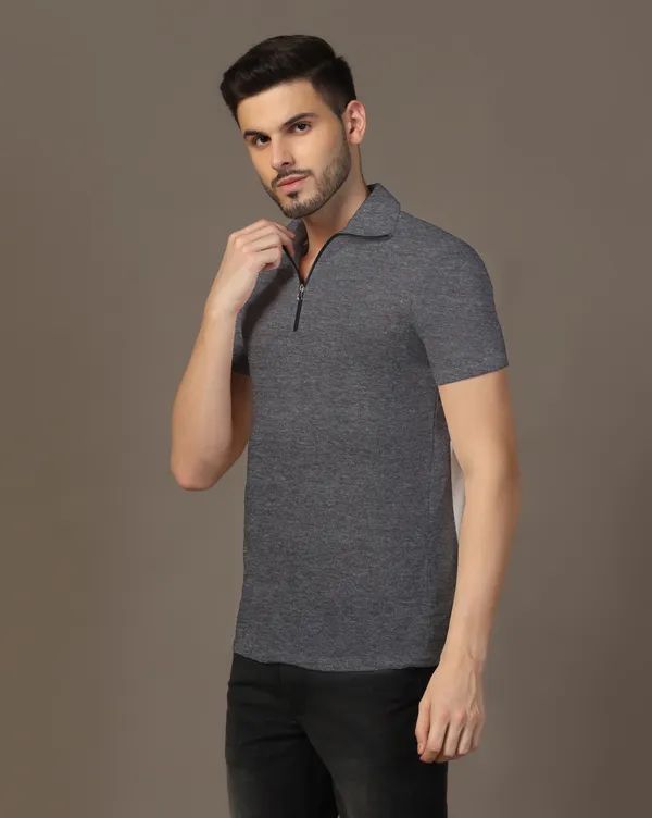 Grey_Cotton_Blend_Polo_Neck_Half_Sleeve_T-Shirt_For_Men