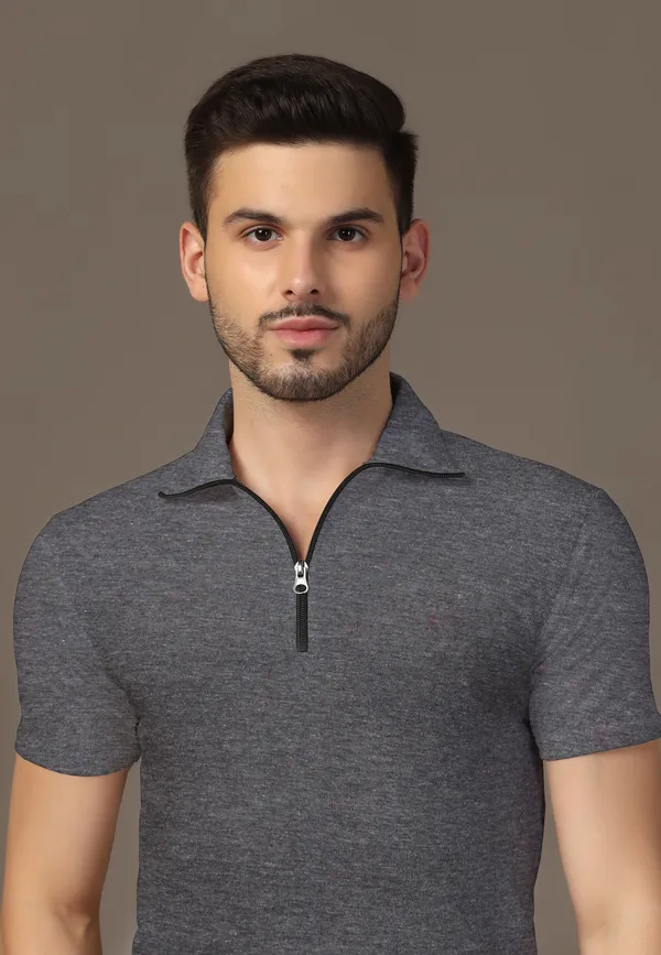 Grey_Cotton_Blend_Polo_Neck_Half_Sleeve_T-Shirt_For_Men