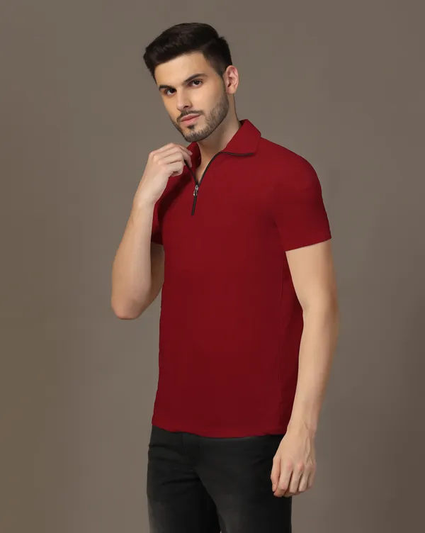 Maroon_Cotton_Blend_Polo_Neck_Half_Sleeve_T_Shirt_For_Men