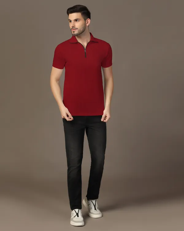 Maroon_Cotton_Blend_Polo_Neck_Half_Sleeve_T_Shirt_For_Men