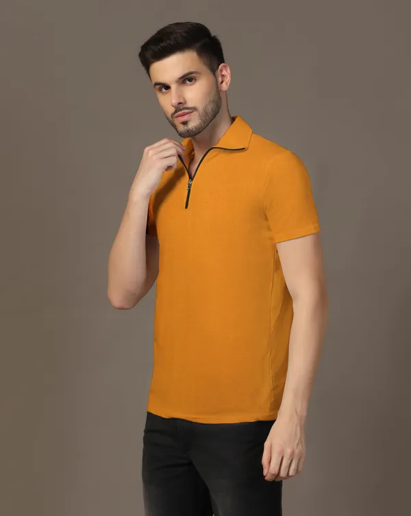 Mustard_Cotton_Blend_Polo_Neck_Half_Sleeve_T_Shirt_For_Men