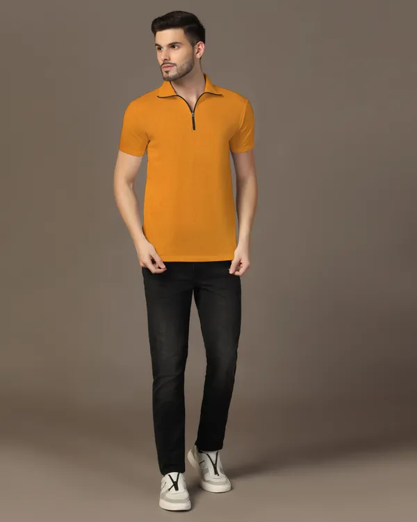 Mustard_Cotton_Blend_Polo_Neck_Half_Sleeve_T_Shirt_For_Men