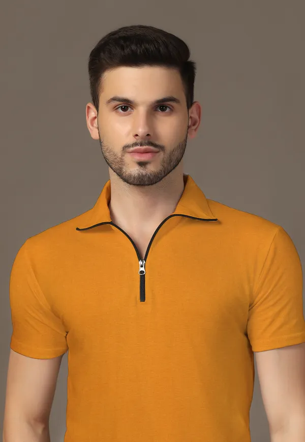 Mustard_Cotton_Blend_Polo_Neck_Half_Sleeve_T_Shirt_For_Men