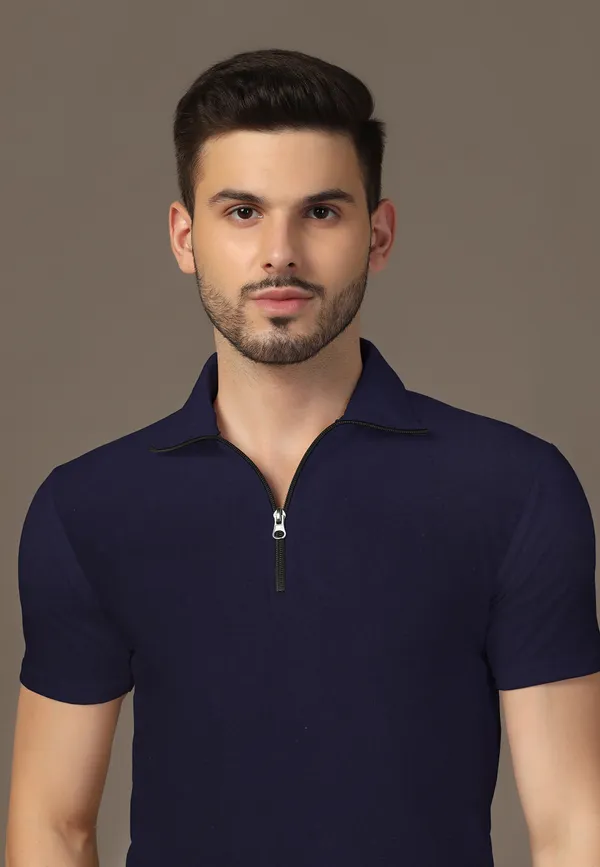 Dark_Blue_Cotton_Blend_Polo_Neck_Half_Sleeve_T_Shirt_For_Men