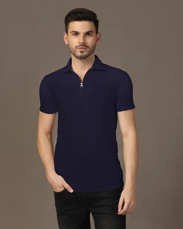Dark_Blue_Cotton_Blend_Polo_Neck_Half_Sleeve_T_Shirt_For_Men