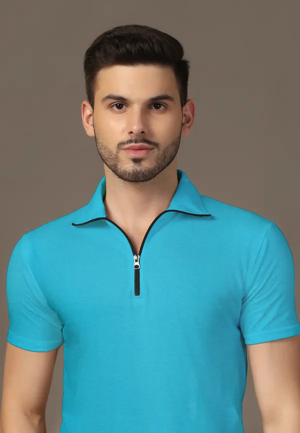 Turquoise_Cotton_Blend_Polo_Neck_Half_Sleeve_T_Shirt_For_Men