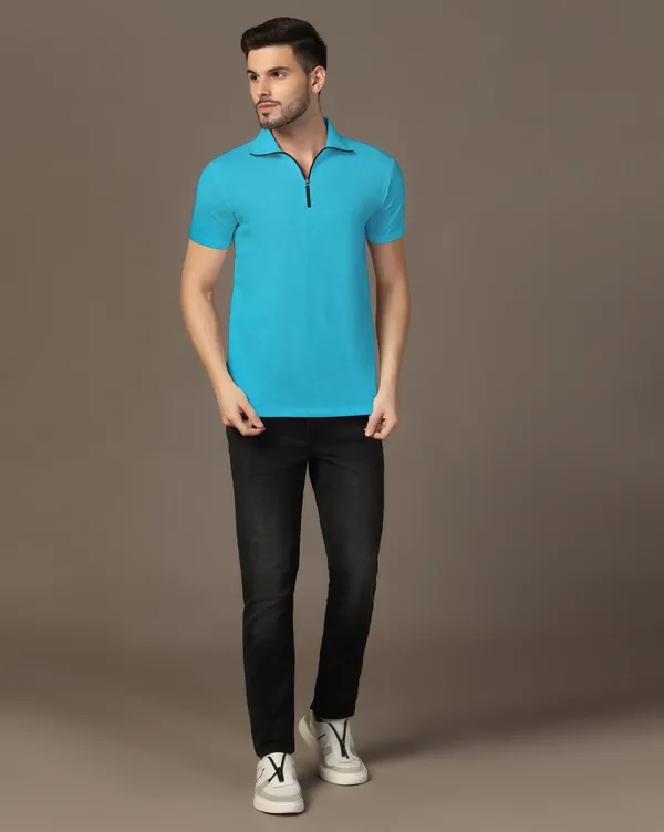 Turquoise_Cotton_Blend_Polo_Neck_Half_Sleeve_T_Shirt_For_Men