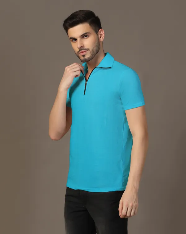 Turquoise_Cotton_Blend_Polo_Neck_Half_Sleeve_T_Shirt_For_Men