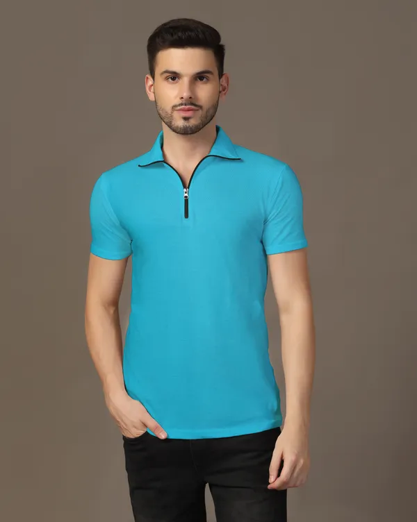 Turquoise_Cotton_Blend_Polo_Neck_Half_Sleeve_T_Shirt_For_Men