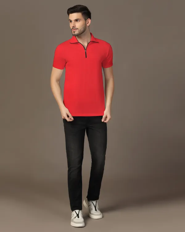 Red_Cotton_Blend_Polo_Neck_Half_Sleeve_T_Shirt_For_Men